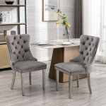 Lot de 2 chaises de salle � manger capitonn�es velours gris structure en bois dossier haut clous d�coratifs ...