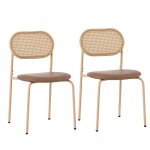 Lot de 2 chaises salle � manger - dossier rotin naturel assise simili cuir marron pieds m�tal