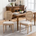 Lot de 2 chaises de salle � manger style fran�ais cadre bois dossier rotin tissu lin beige
