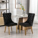 Lot 2 chaises salle � manger velours noir&or bois massif capitonn� pieds acier dor� garniture clout�e ...