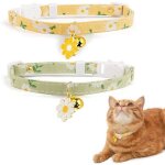 Lot de 2 colliers de chat en coton avec cloche pendentif fleurs jaunes et vertes collier de chat mignon ...