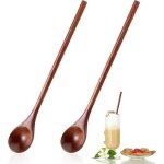 Lot 2 cuill�res bois longues 20 cm ? miel caf� th� soupe ? marron fonc� label
