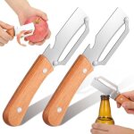 Lot de 2 �plucheurs l�gumes multifonction �conome inox avec manche bois et d�capsuleur pour fruits l�gumes ...