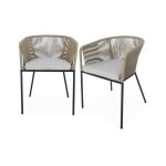 Lot de 2 fauteuils de jardin en corde beige et acier galvanis. coussin beige