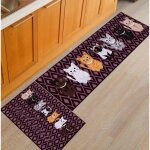 Lot de 2 pcs tapis de cuisine marron devant �vier tapis antid�rapant chat imprim� d�coration maison