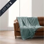 Lot de 2 plaids lilia 180 x 220 cm 100% coton franges - sauge