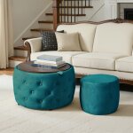 Lot de 2 poufs de rangement gigognes en velours table basse avec plateau bois multifonction 4 en 1 sans ...
