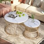 Lot de 2 tables basses - design - ronde - plateau blanc - pieds dor�s - 70x45cm et 45x40cm