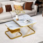 Lot de 2 tables basses gigognes table carr� plateau en marbre pied en fer pour salon chambre 60x60x45 ...