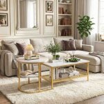 Lot de 2 tables basses gigognes marbre dor�. table salon rectangulaire 80x46cm + ronde 52cm. design moderne ...