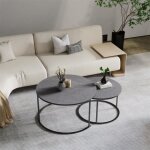 Lot de 2 tables basses gigognes en pierre frittée et métal - effet marbre naturel - 80x45cm / 60x40cm ... Lot de 2 tables basses gigognes en pierre frittée et métal - effet marbre naturel - 80x45cm / 60x40cm ...