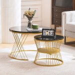 Lot de 2 tables basses gigognes rondes effet marbre brillant (mdf) cadre m�tal dor� 70�47 cm & 45�40 ...