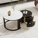 Lot de 2 table basse gigogne ronde en mdf avec 2 tiroirs pour salon 70x70x46 + 50x50x40 cm pied noir ...