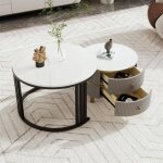 Table basse gigogne ronde en mdf avec 2 tiroirs pour salon - dreammespace - pied noir gris