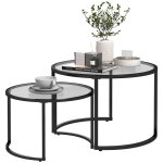 Lot de 2 tables basses gigognes rondes plateau verre tremp� et pied en acier au carbone noir