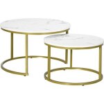 Lot de 2 tables basses gigognes rondes style art dco - acier dor panneaux aspect marbre blanc 74x74x46cm ...