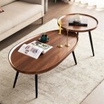 Lot de 2 tables basses gigognes rondes style industriel plateau aspect bois 80x55x38cm - 40x40x47. 5cm ...