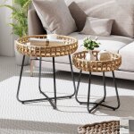 Lot de 2 tables basses de jardin ext�rieur costway tailles diff�rentes tables dappoint rondes en rotin ...