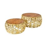 Lot de 2 tables basses metrix dor�es avec motif feuillage ? tables basses design en aluminium et bois ...