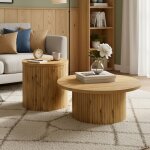 Lot de 2 tables basses rondes gigognes - bois naturel avec lattes - bout de canap� modulable - style ...