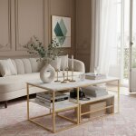 Lot de 2 tables basses salon - plateau effet marbre blanc et pieds dor�s - table de salon moderne rectangulair ...