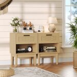 Lot de 2 tables de chevet ch�ne clair tiroir + compartiment ouvert rangement compact fa�ade en osier ...