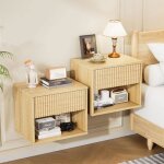 Lot de 2 tables de chevet murales - alightup - table de nuit suspendu avec tiroir et compartiment ouvert ...