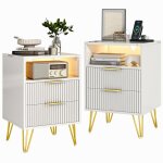 Lot de 2 tables de chevet � 2 tiroirs avec lumi�re led ports usb & prises �lectriques pour salon / bureau ...