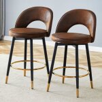 Lot de 2 tabouret de bar pivotant 360� dossier ajour� tissu marron pieds m�tal noir avec accents dor�s ...