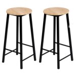 Lot de 2 tabourets haut bar 4 pieds metal assise bois industriel design loft rond friends
