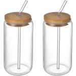 Lot de 2 verres  boire avec couvercles en bambou et paille en verre - 500 ml - en forme de canette - ...