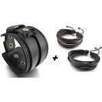 Lot de 3 bracelets cuir homme = 1 manchette force brun noir rock + 2 bracelets cuir multi - brins noir ...