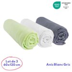 Lot de 3 draps housse 60x120 cm - coton - anis blanc gris