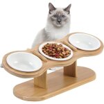 Lot 3 gamelles sur�lev�es c�ramique + support bois nourriture s�che / humide chat / petit chien