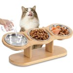 Lot de 3 gamelles sur�lev�es pour chat - hauteur r�glable - support en bois - gamelles en acier inoxydable ...