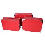 Lot de 3 grande boites de rangement en carton rouge angles et poign�es en m�tal. tailles: 38x26. 5x14 ...