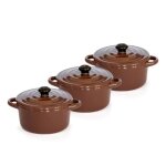 Lot de 3 minis cocottes double poignes avec couvercle - marron