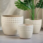 Lot de 3 pots de fleurs en c�ramique fait main - 38 / 30 / 23 cm - blanc ancien motif losange