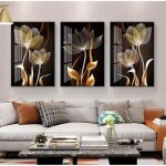 Lot de 3 tableaux muraux modernes noirs et dor�s - feuilles dor�es tableau mural pour le salon noir et ...