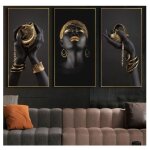 Lot de 3 tableaux sur toile pour femme africaine - dor et noir - pour dcoration de salon - sans cadre ...