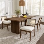 Lot de 4 chaises de salle � manger en bois avec dossier en rotin coussin en lin couleur noyer