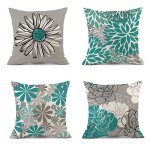 Lot de 4 housses de coussin motif fleurs printani�res turquoise moderne vert 45 x 45 cm