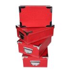 Lot de 4 petites boites de rangement carton rouge angles et poign�es en m�tal. tailles: 23x15x9 25x165x10 ...