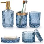 Lot 5 accessoires de salle de bain en verre bleu - distributeur de lotion porte - savon porte - brosse ...