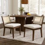 Lot de 6 chaises de salle � manger en bois massif avec dossier en rotin et assise en lin noyer moderne ...