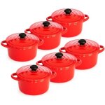 Lot de 6 minis cocottes double poignées avec couvercle - rouge Lot de 6 minis cocottes double poignées avec couvercle - rouge