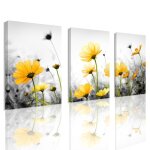 Lot of 3 tableau fleurs jaunes decoration salon cadre en bois impression sur toile peinture decoration ...