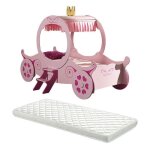 Lovely - lit carrosse 90x200cm rose motifs coeurs + matelas