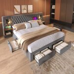 Luscriate - lit capitonn� 180x200cm lit adulte avec 2 tables de nuit et 4 tiroirs lecture led usb velours ...