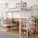 Luscriate - lit mezzanine 90x200 cm en m�tal lit pour ado avec canap� amovible rangement et escalier ...
